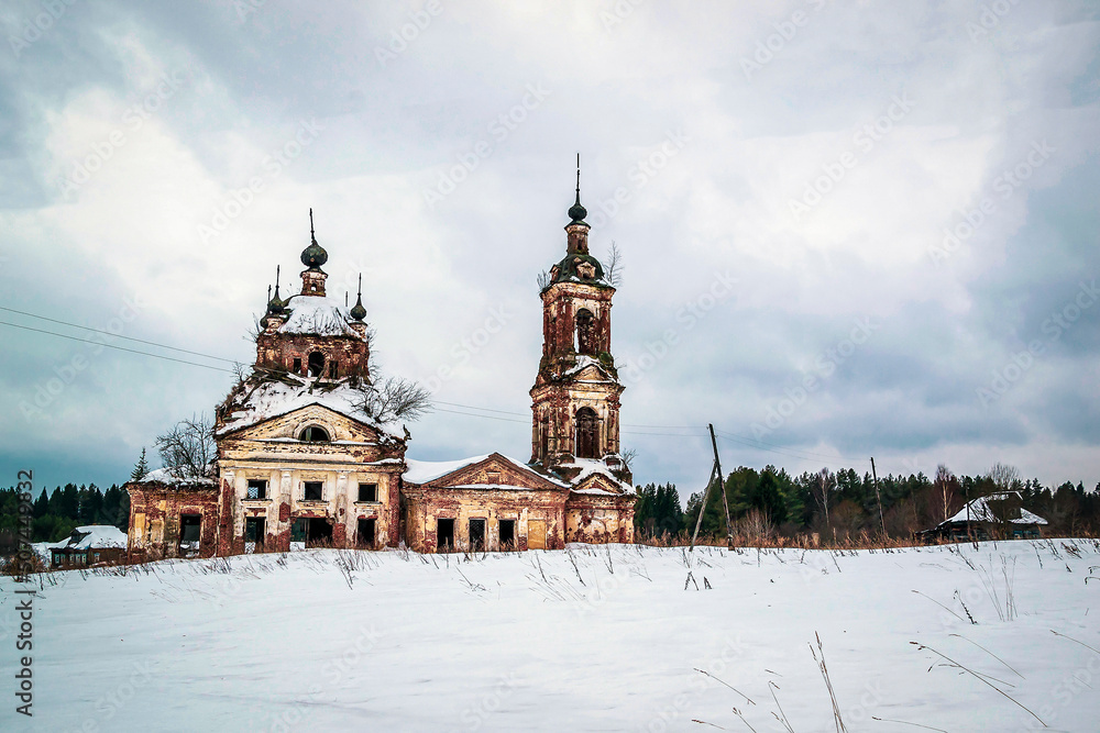 landscape abandoned Orthodox church in winter