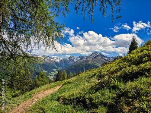 hiking trail in the mountains. Beautiful path through the alps in switzerland. High quality photo. Davos Klosters Swiss © SimonMichael