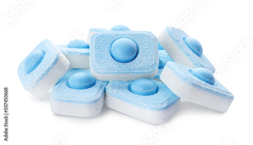 Pile of water softener tablets isolated on white