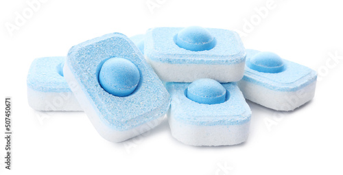 Pile of water softener tablets isolated on white