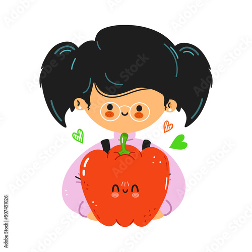 Young cute funny girl hold red pepper in hand. Girl hugs cute red pepper. Vector hand drawn doodle style cartoon character illustration icon design. Isolated on white background