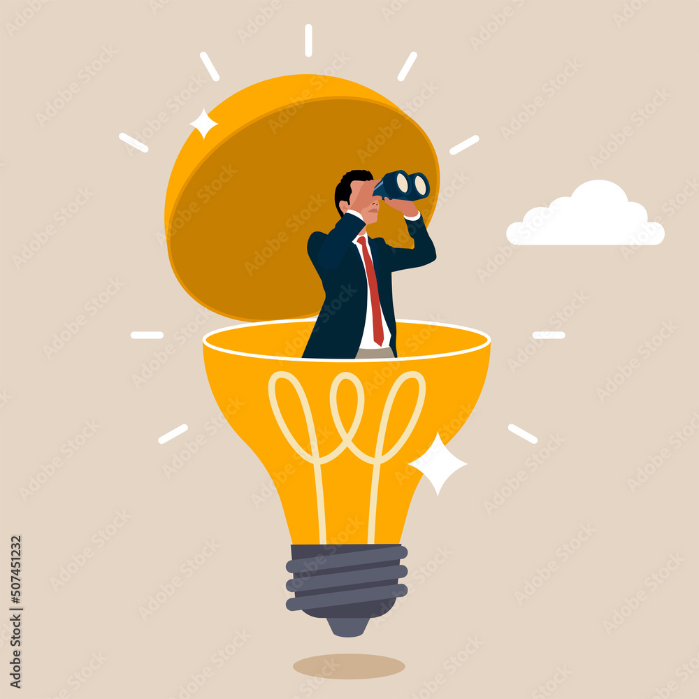 Entrepreneur open lightbulb idea using binoculars to see business vision. Creativity to help see business opportunity, vision to discover new solution or idea, curiosity, searching for success concept - obrazy, fototapety, plakaty 