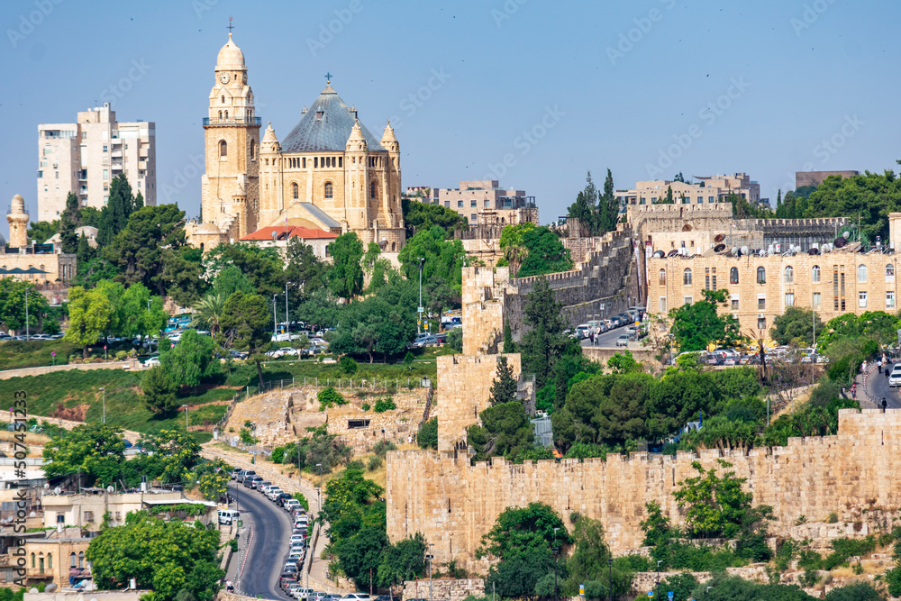 Jerusalem, Israel - June 9 2019: Glimpse of Jerusalem with the Abbey of the Dormition