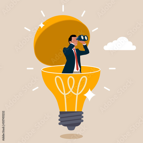 Entrepreneur open lightbulb idea using binoculars to see business vision. Creativity to help see business opportunity, vision to discover new solution or idea, curiosity, searching for success concept photo