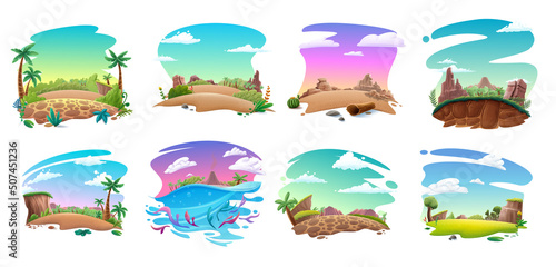 set of cartoon illustrations landscapes with plants nature mountains meadows trees