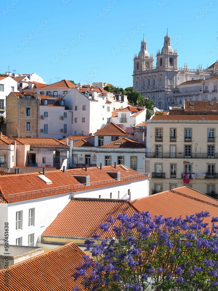 Aerial view of Lisbon at the miradorou portas do sol to the monastery of Saint Vicent