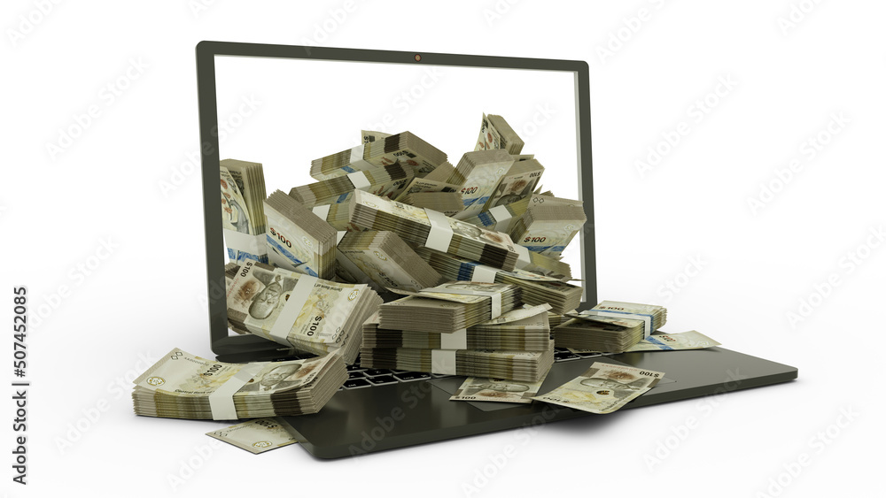3D rendering of 100 Bahamian dollar notes coming out of a Laptop monitor isolated on white background. stacks of Bahamian dollar notes inside a laptop. money from computer, money from laptop 3D rendering of 100 Bahamian dollar notes coming out of a Laptop monitor isolated on white background. stacks of Bahamian dollar notes inside a laptop. money from computer, money from laptop