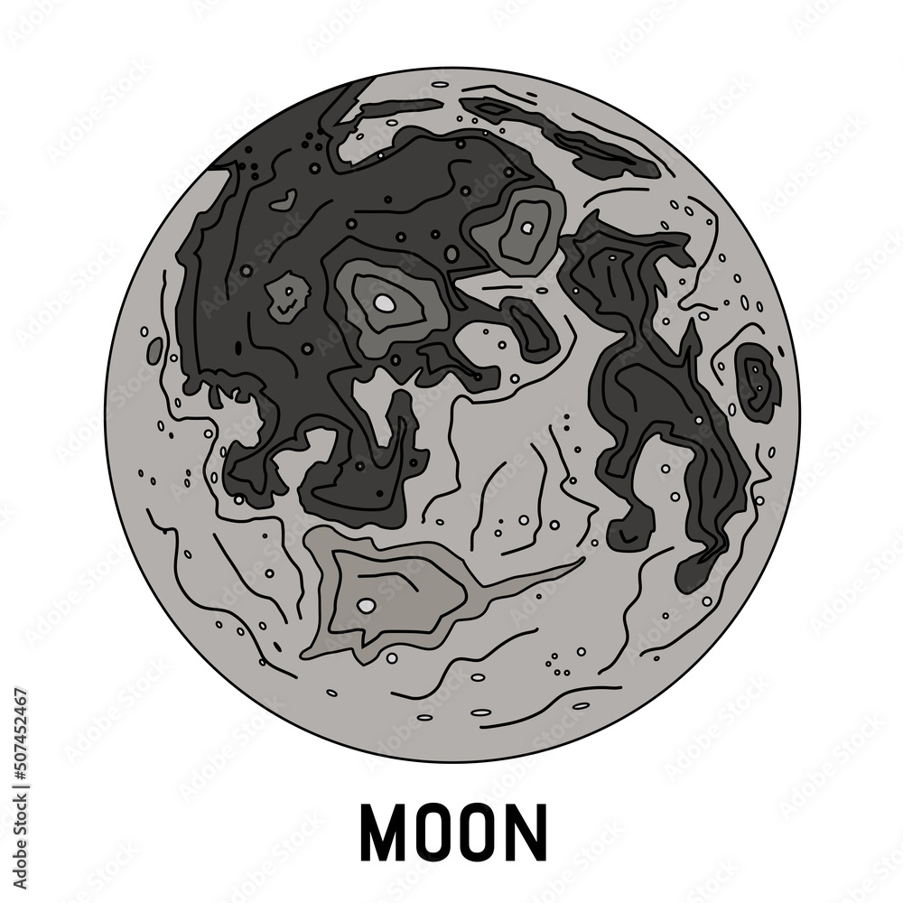 Moon in flat style. Solar system space object and Earth satellite on isolated background Moon in flat style. Solar system space object and Earth satellite on isolated background