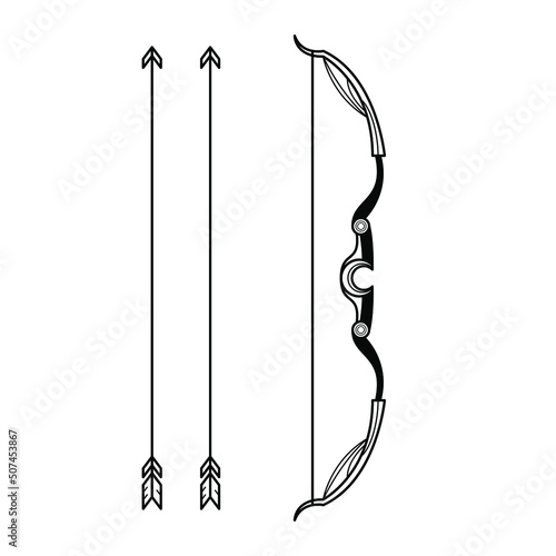 Abstract Black Simple Line Bow With Arrows Weapon Doodle Outline Element Vector Design Style Sketch Isolated On White Background Illustration For War, Battle