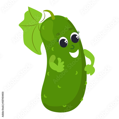 A cheerful cucumber with a face, eyes, hands is happy and smiling. Cartoon style character design for icons or baby products.