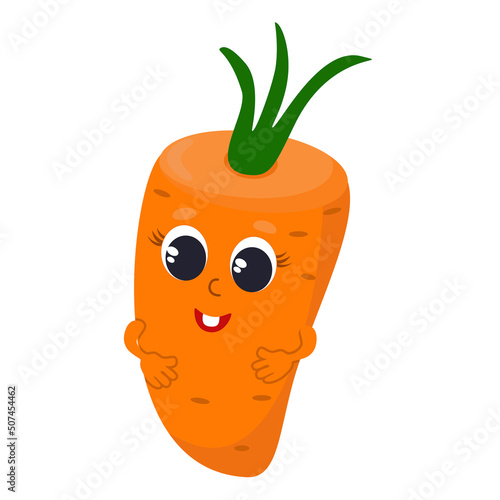 Carrot character design. A bright orange vegetable, it has eyes and hands. Carrot smiles, she is happy. Creation for children's products, packaging, design.