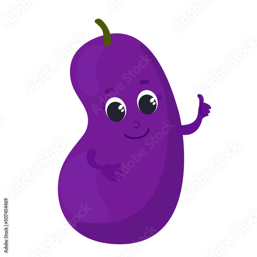Friendly and cheerful purple eggplant. Cartoon style character design for icons or baby products.