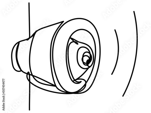 Doodle speaker with a single line running siren on a white background. Illustration of air raid warning, sound advertising, appeal to people. Stock vector image.