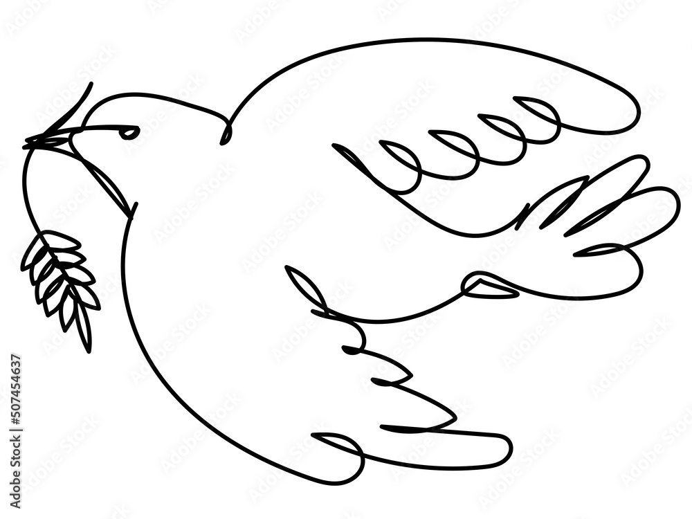 Fototapeta premium Bird with a spikelet one line on a white background. Illustration with a dove of peace in an abstract style. Stock vector image.