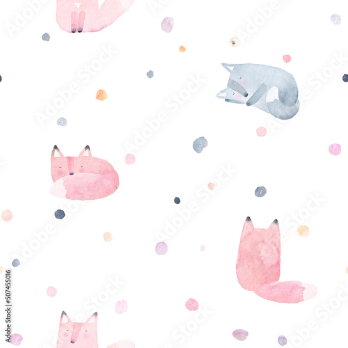 Watercolor background. Cute seamless pattern of fox, wolf and colored spots. Perfect for fabric, textile, wallpaper. photo