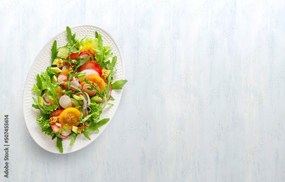 Summer healthy vegetables salad with cucumber, radish and tomato. Healthy food. Summer healthy vegetables salad with cucumber, radish and tomato. Healthy food.
