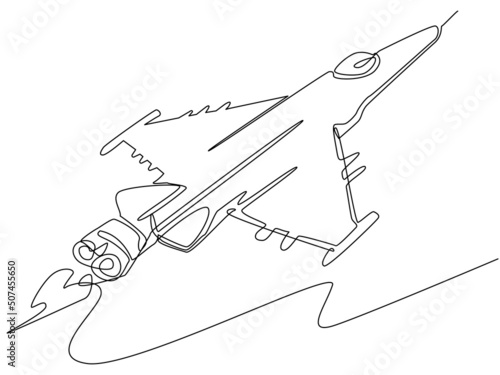 One line of fighter aircraft on a white background. Combat aircraft flying up in an abstract style. Air force and army concept. Stock vector image.