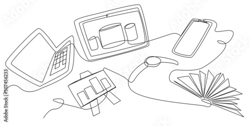 Levitating gadgets and tables with one line marketing analysis on white background. Research and analytics business concept. Stock vector image.