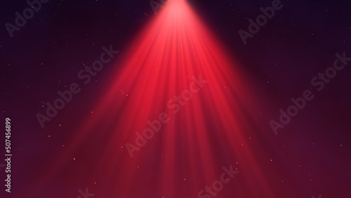 Spotlight background. Festive abstract spot light. Bright rays.  Glowing particles. Red color.
