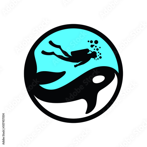 scuba diving logo. diver and orca logo. orca, scuba diving, fish, diver, snorkeling, animal, ocean, scuba, logo, active, activity, aquatic, blue