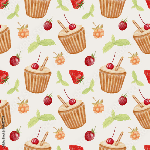Watercolor seamless pattern with muffins. Watercolor hand painting with fruit cupcakes. Hand drawing watercolor illustration. Desserts. Sweet background perfect for fabric textile or menu wallpaper