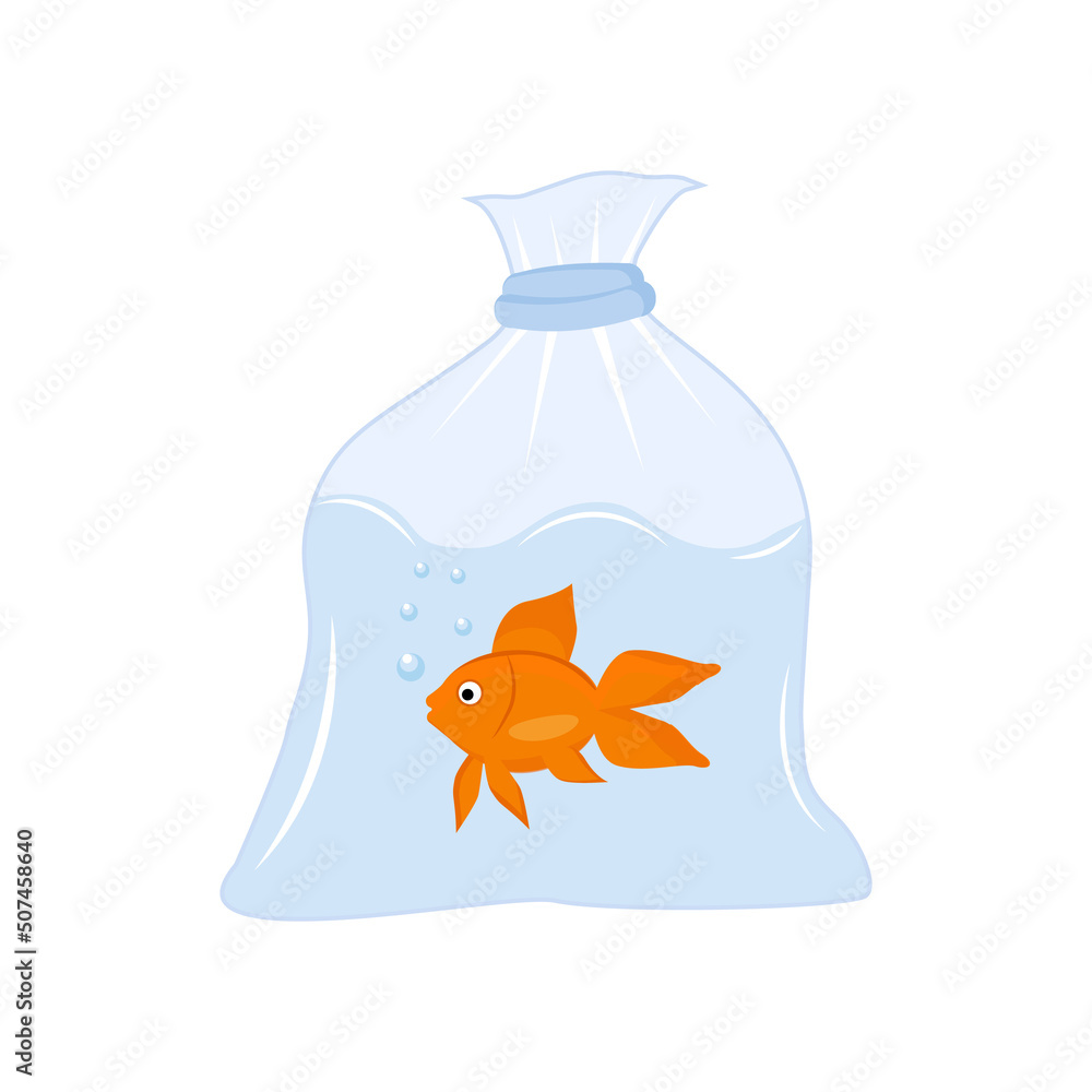Cartoon fish in plastic bag vector isolated illustration