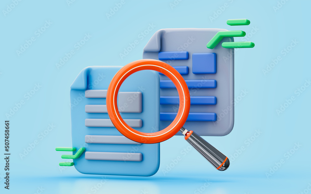document with magnifying glass 3d illustration paper work search financial accounting report analyze document with magnifying glass 3d illustration paper work search financial accounting report analyze