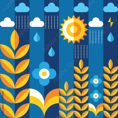 Wheat harvest concept background design. Geometric seamless pattern. Ecological organic product. Decorative ornament collage. Vector illustration. 