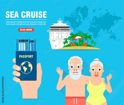 Sea cruise. Journey of grandparents concept design flat banner