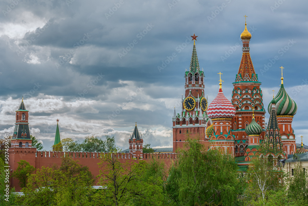 Kremlin Tower and Cathedral of the Intercession of the Most Holy Theotokos on the Moat (St. Basil's Cathedral). Russia, travel Kremlin Tower and Cathedral of the Intercession of the Most Holy Theotokos on the Moat (St. Basil's Cathedral). Russia, travel