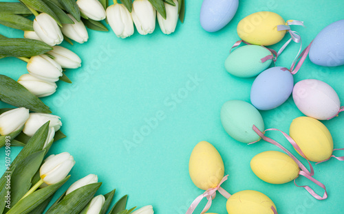 easter eggs and flowers. Happy day. Flowers. 