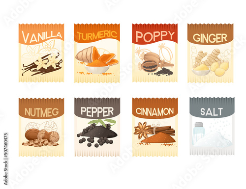 Set of dry seasoning in paper package vector illustration on white background
