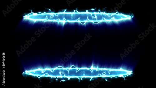 Abstract fast power blue energy circle on black background. Fantasy electric portal door or futuristic teleport. 3d animation. Flowing shine lightning hole. Round shape light element. photo