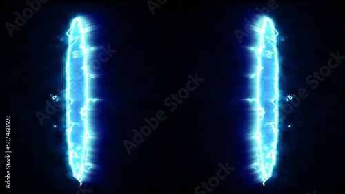 Abstract fast power blue energy circle on black background. Fantasy electric portal door or futuristic teleport. 3d animation. Flowing shine lightning hole. Round shape light element. photo