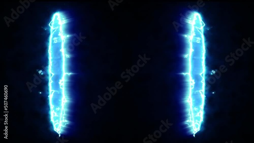 Abstract fast power blue energy circle on black background. Fantasy electric portal door or futuristic teleport. 3d animation. Flowing shine lightning hole. Round shape light element.