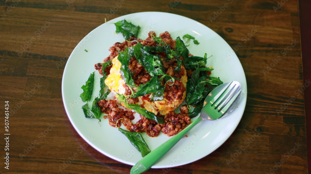 Basil with Minced Pork and Fried Egg on Rice Basil with Minced Pork and Fried Egg on Rice