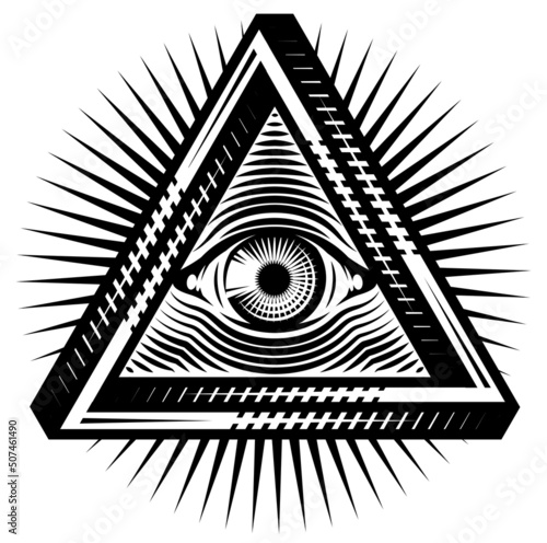 All-seeing eye of God. Sacred symbol in a stylized triangle against the background of diverging rays. Vector monochrome illustration