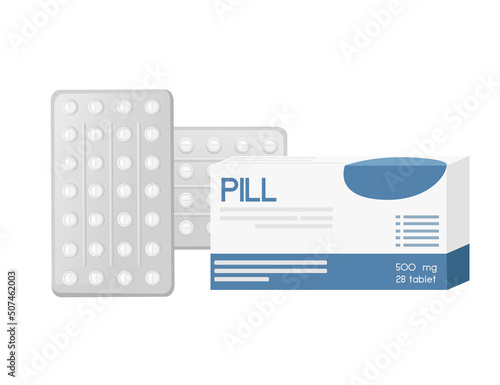 Pills in polyester transparent blister pack with cardboard package medical supply vector illustration on white background