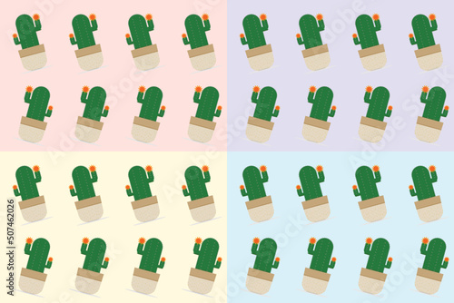 Cactus or Succulent plants collection with flower blooming in potted minimal style, Object on pattern background, Desert ornamental planting for home decoration and Hobbies, Set of cute shaped cactus.