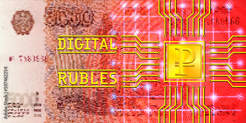 Vector financial futuristic banner. A stylistic golden microcircuit with a digital rubles against the background of a pixelated 5000 ruble banknote