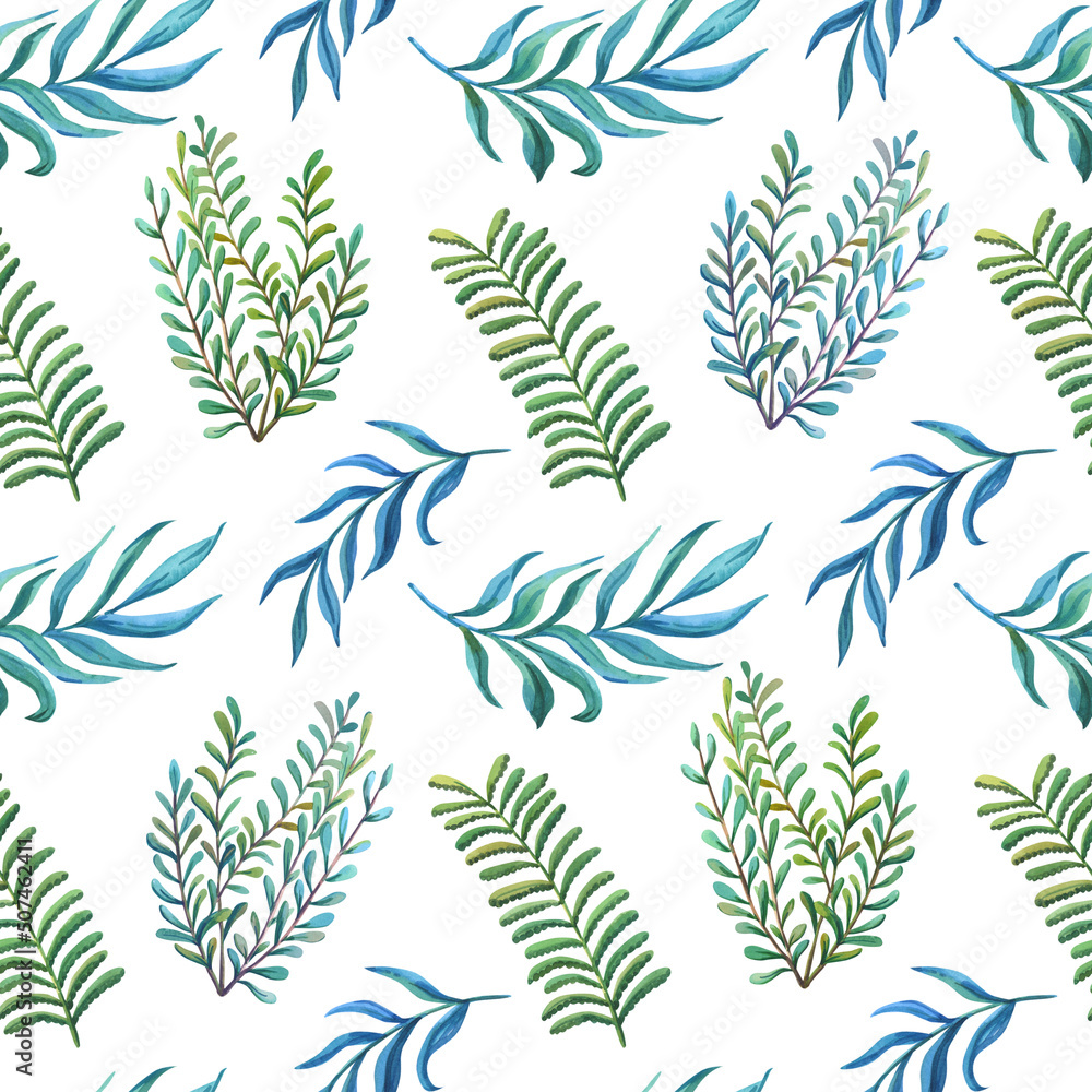 Watercolor green fern on white background. Seamless pattern. Floral branch. Watercolor green fern on white background. Seamless pattern. Floral branch.