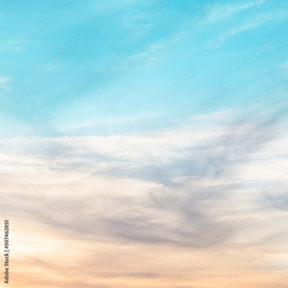 sunset background. sky with soft and blur pastel colored clouds. gradient cloud on the beach resort. nature. sunrise.  peaceful morning. Instagram toned style