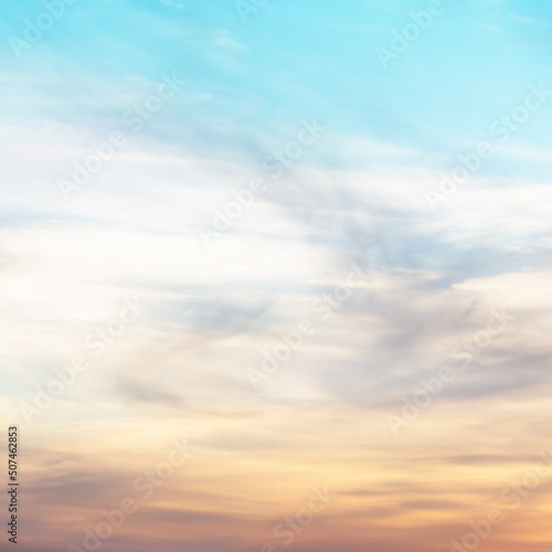 sunset background. sky with soft and blur pastel colored clouds. gradient cloud on the beach resort. nature. sunrise. peaceful morning. Instagram toned style