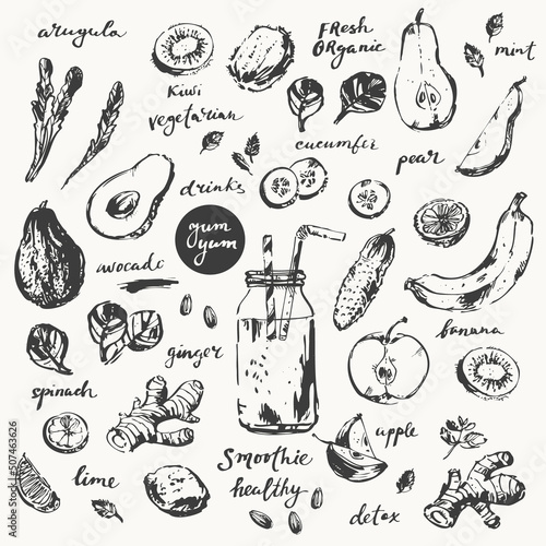Hand drawn ink sketch of smoothie drink glass and recipe ingredients with friuts slices and vegetables