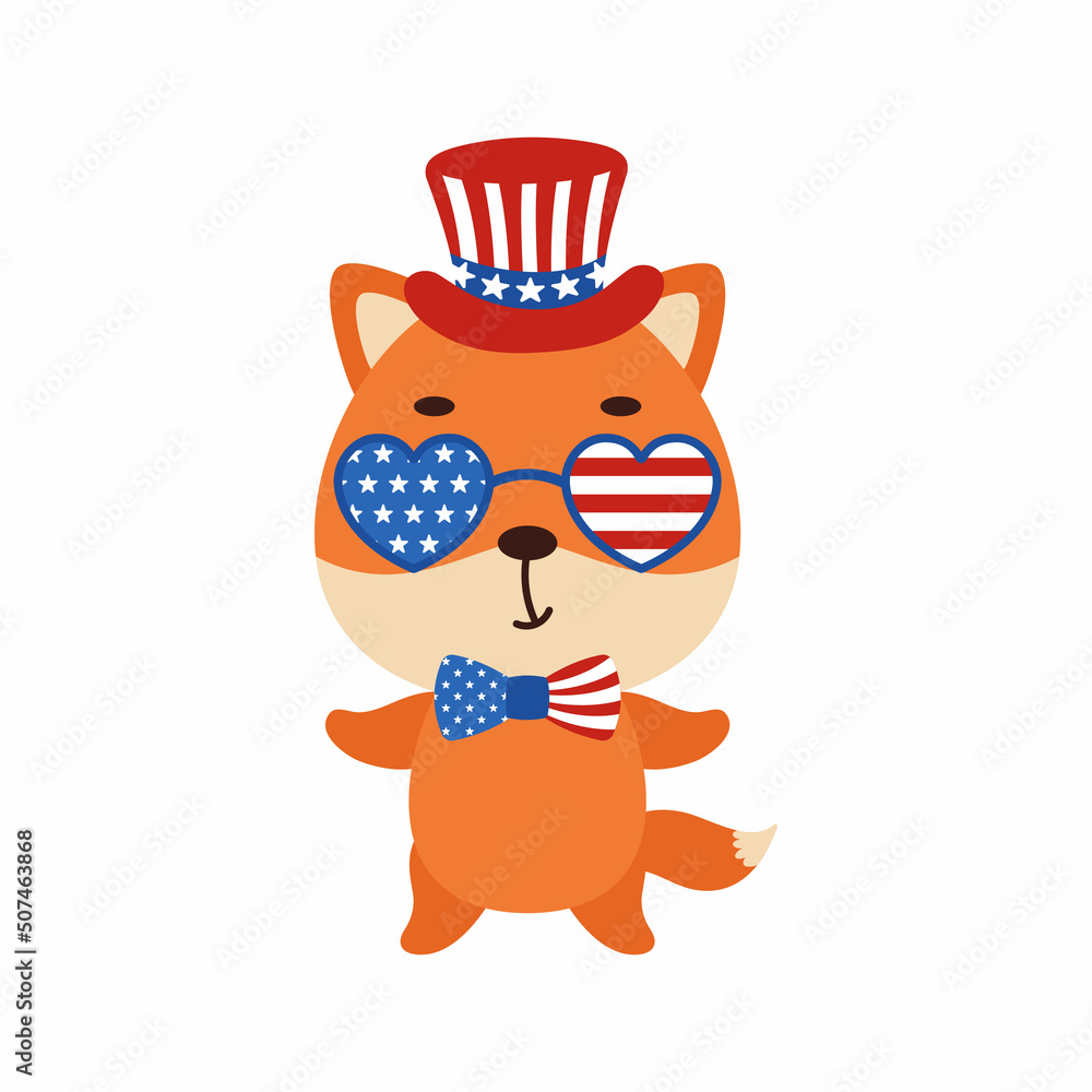 Cute little fox in USA patriotic hat and glasses. Cartoon animal character for kids t-shirt, decoration, baby shower, greeting card, house interior. Vector stock illustration Cute little fox in USA patriotic hat and glasses. Cartoon animal character for kids t-shirt, decoration, baby shower, greeting card, house interior. Vector stock illustration