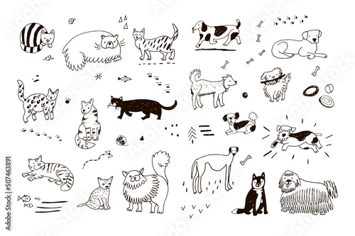 Cats and dogs, funny pets vector line illustrations set