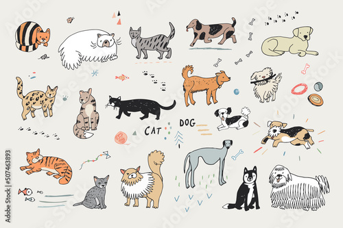 Cats and dogs, funny pets vector color illustrations set