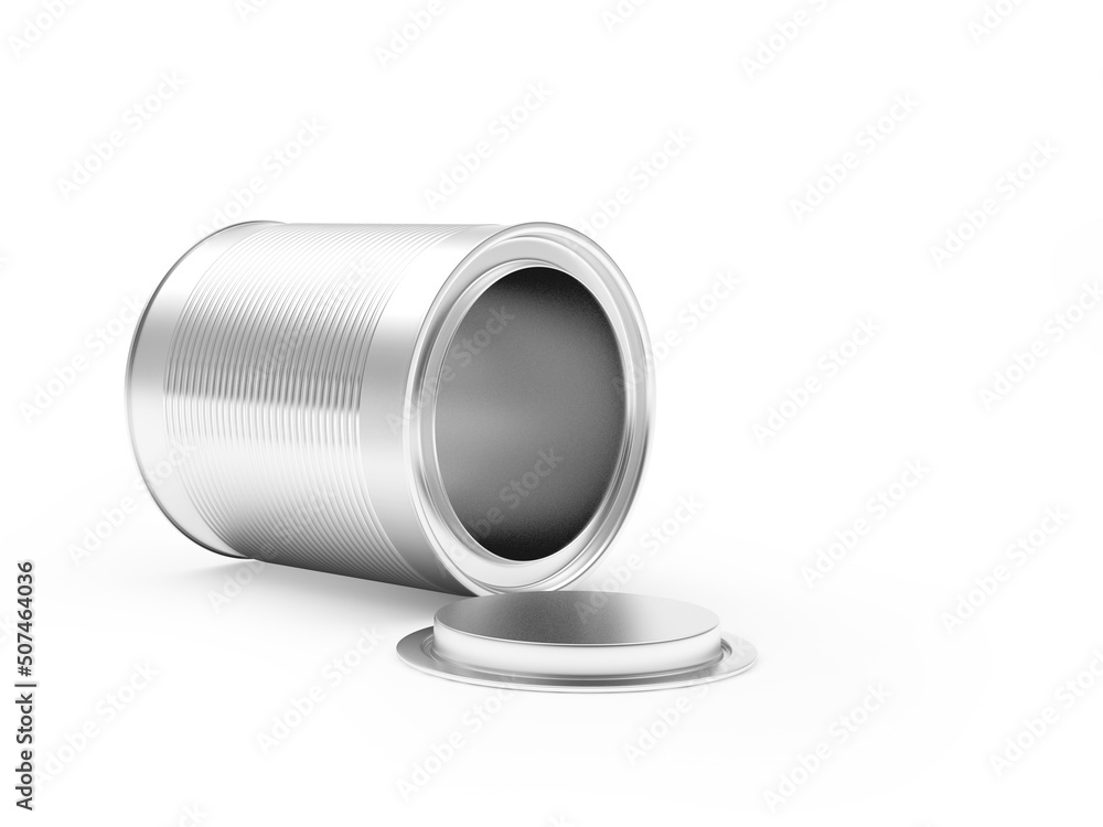 Empty tin can with open lid isolated on white. 3D illustration Empty tin can with open lid isolated on white. 3D illustration