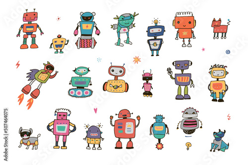 Robot drawing vector illustrations set