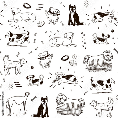 Dogs pets vector lineseamless pattern